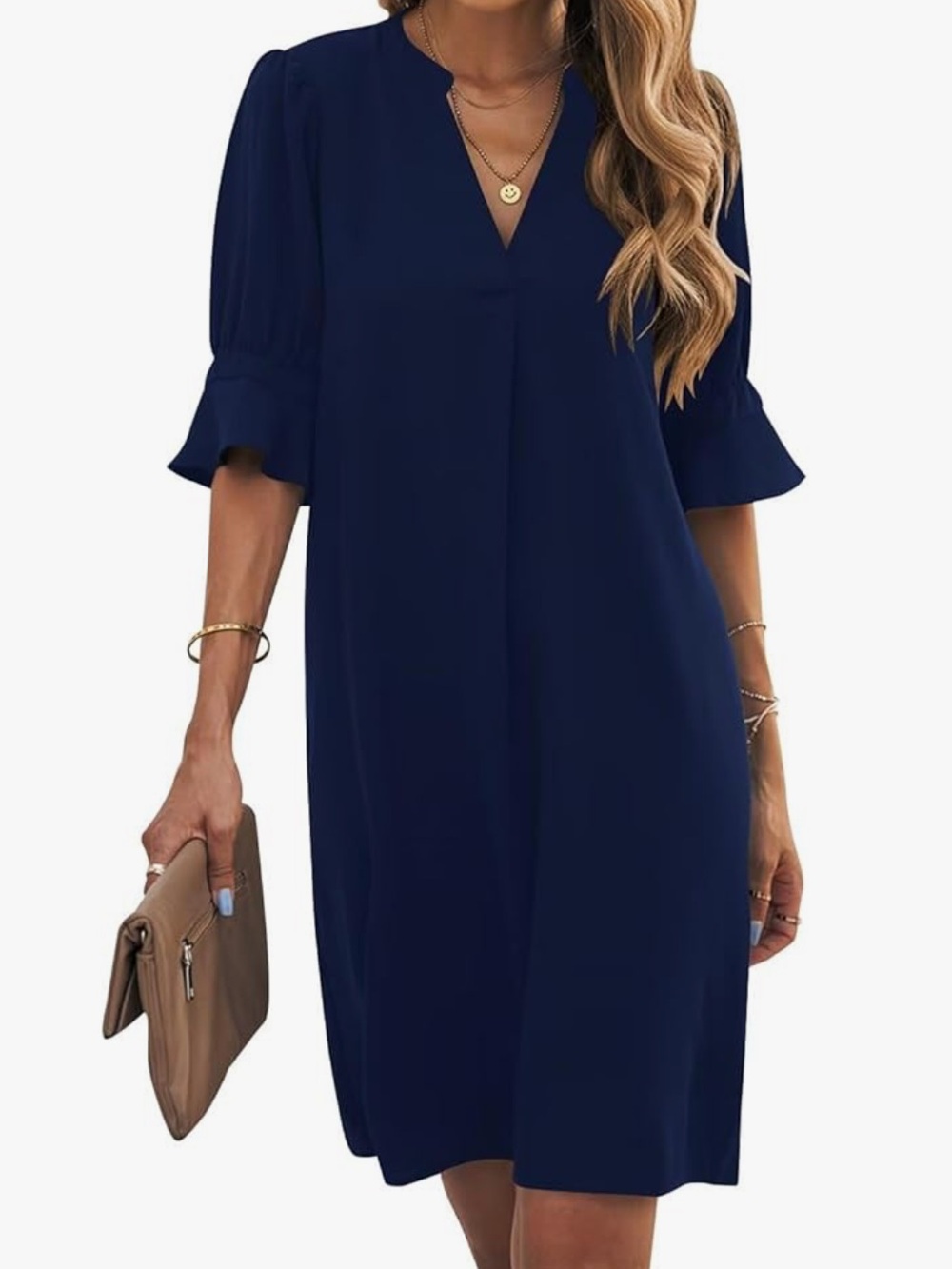 Navy V-Neck Shift Dress with Ruffle Sleeves small S shirt mini short skirt blue